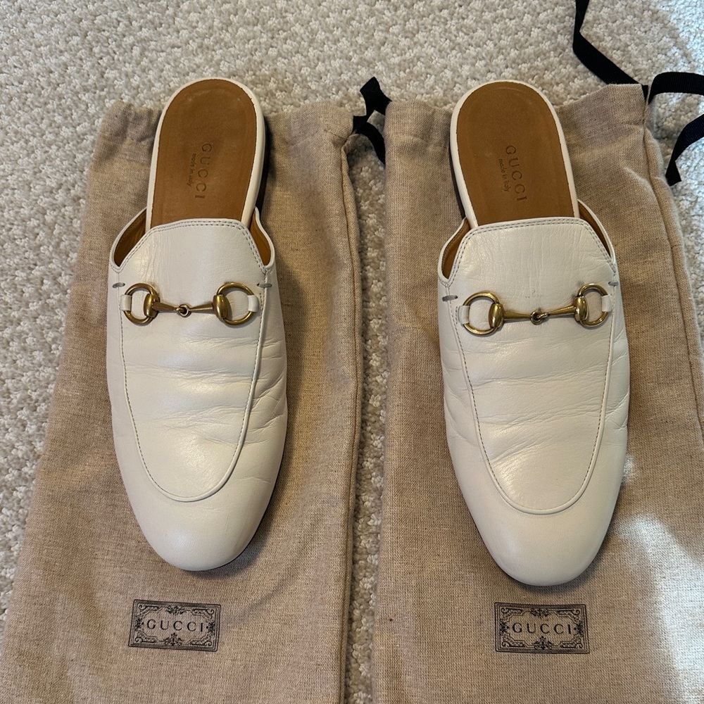 GUCCI Authentic White Princetown Mule Loafer Gold Horsebit Slides 8.5/38.5EU